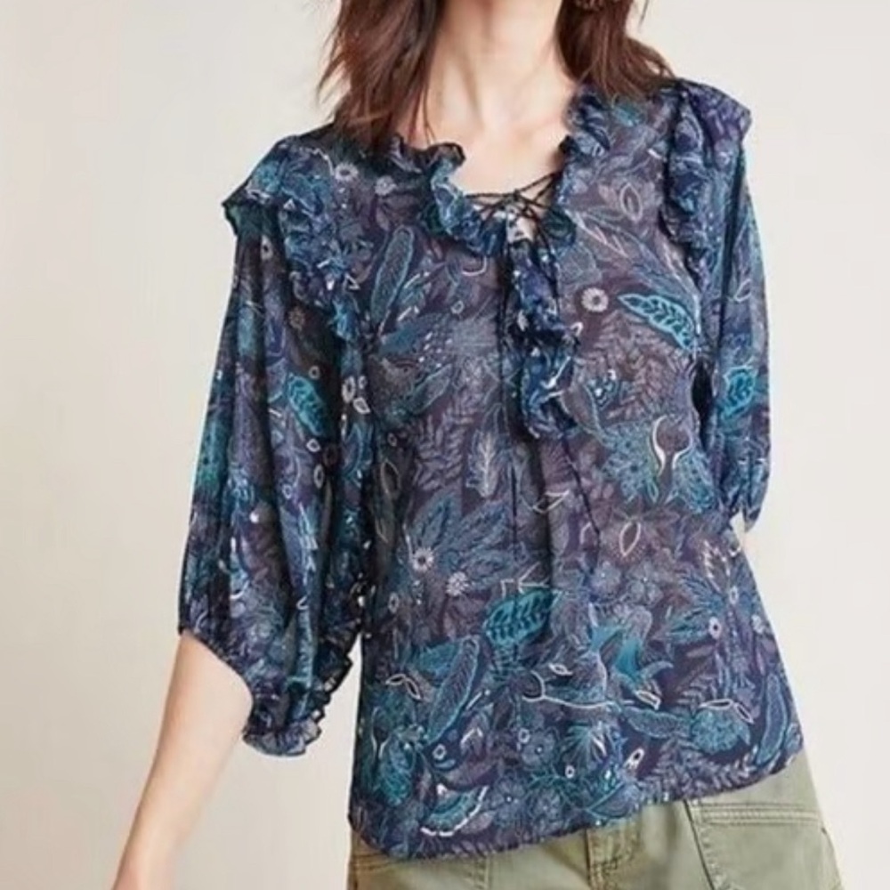 Anthropologie Blouse Blue Floral Ruffle Lace Up Boho Sheer XS All Over Print
